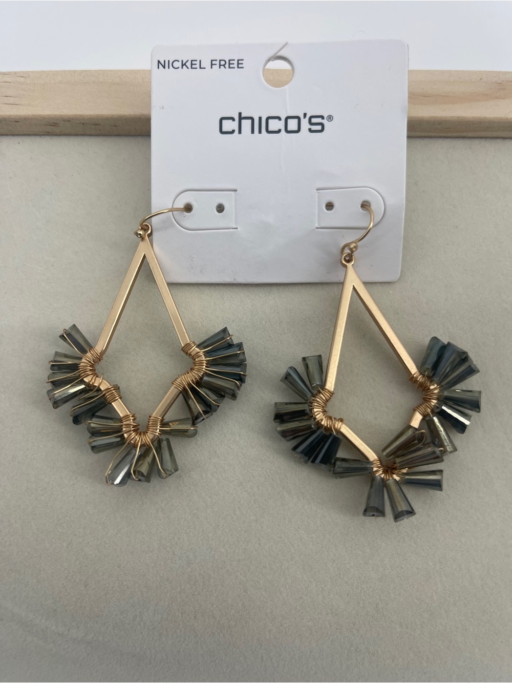 Chico's Gold-Tone Geometric Earrings with Smoky Bead Fringe